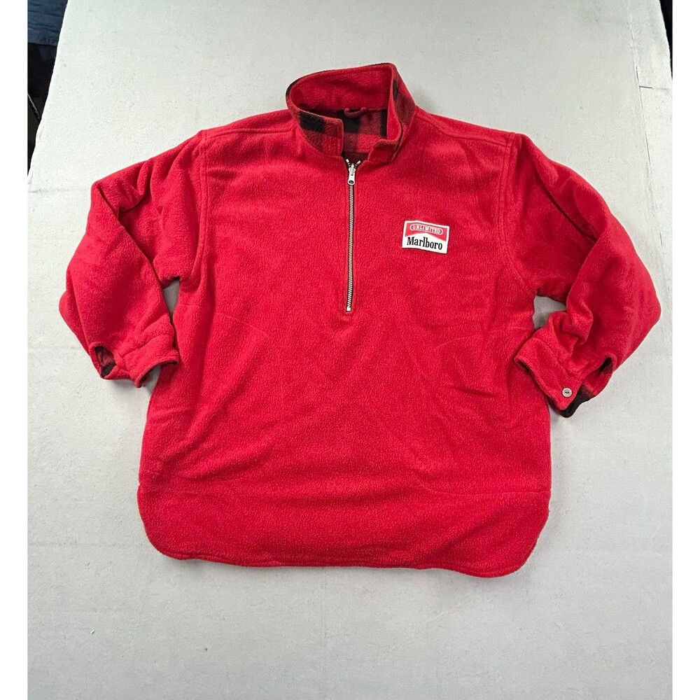 Vintage 90s Marlboro Reversible Buffalo Plaid Fleece 1/2 Zip Pullover Jacket L